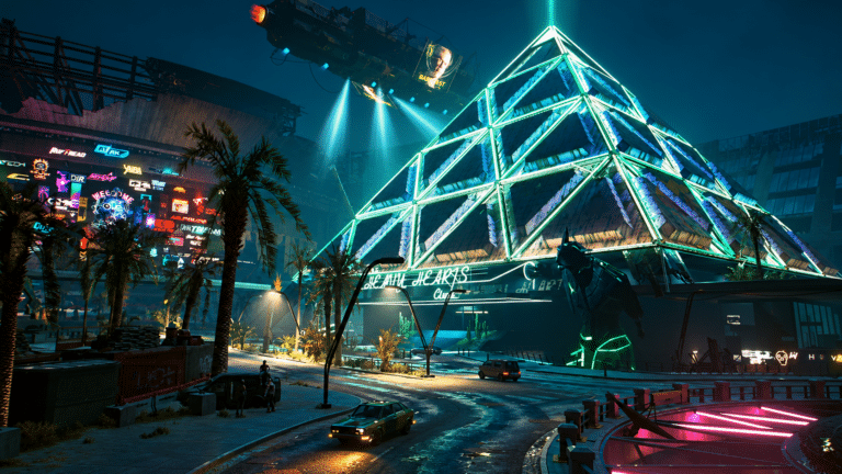 The illuminated Black Sapphire pyramid in Cyberpunk 2077's Night City