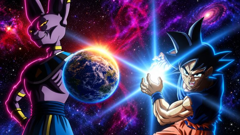 Beerus and Goku face each other across Earth in Dragon Ball Super Beerus artwork
