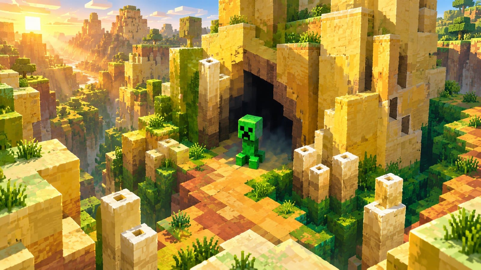 Minecraft Creeper standing in a bright block-built canyon
