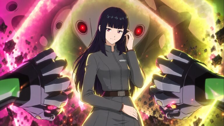 Erisa Nozaki framed by Evangelion Unit-01 and a red-eyed Angel in Cross Reflections
