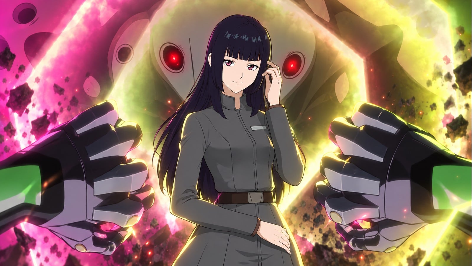 Erisa Nozaki framed by Evangelion Unit-01 and a red-eyed Angel in Cross Reflections