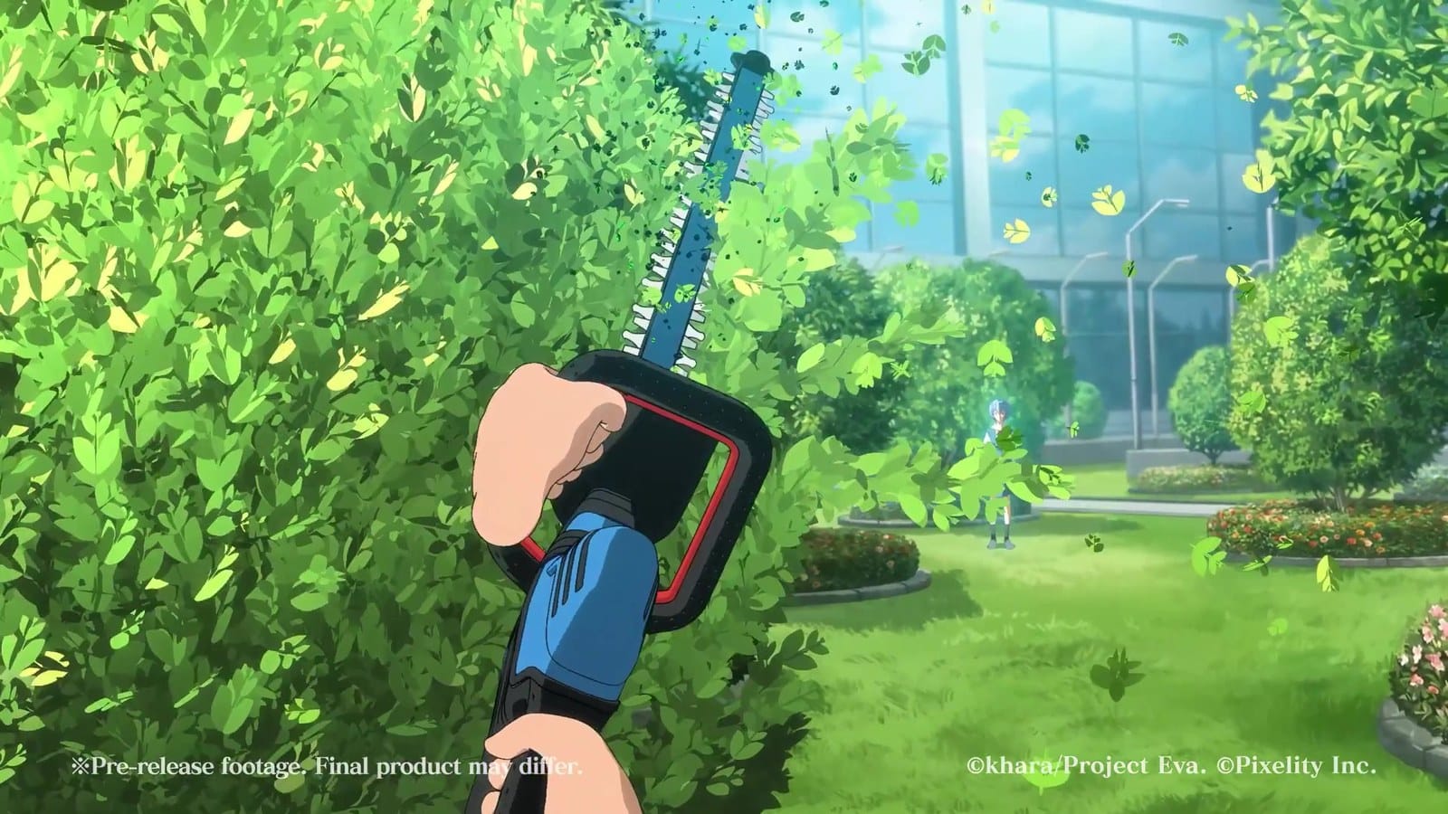 Player using hand tracking to trim a hedge in Evangelion Cross Reflections