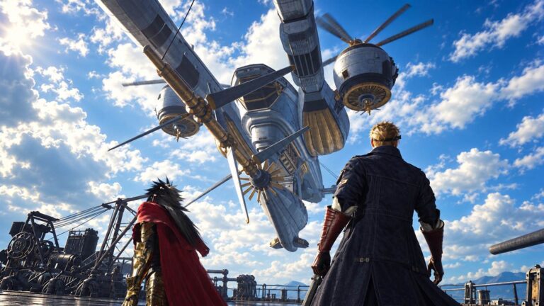 Two Final Fantasy VII characters look up at a vast futuristic aircraft beneath a blue sky