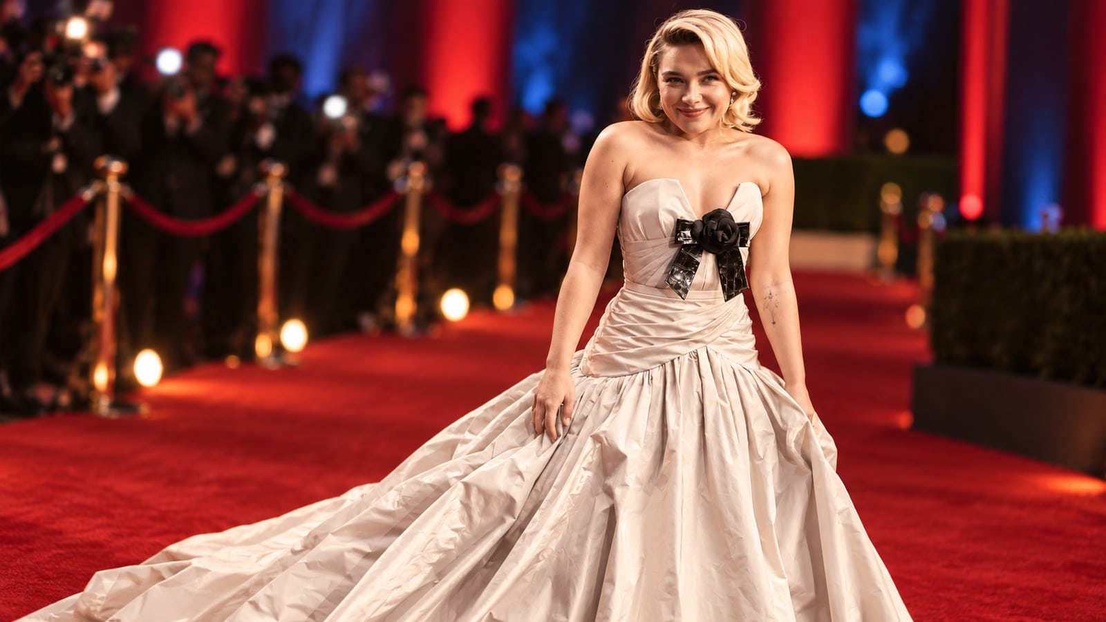 Florence Pugh on a red carpet in a white gown