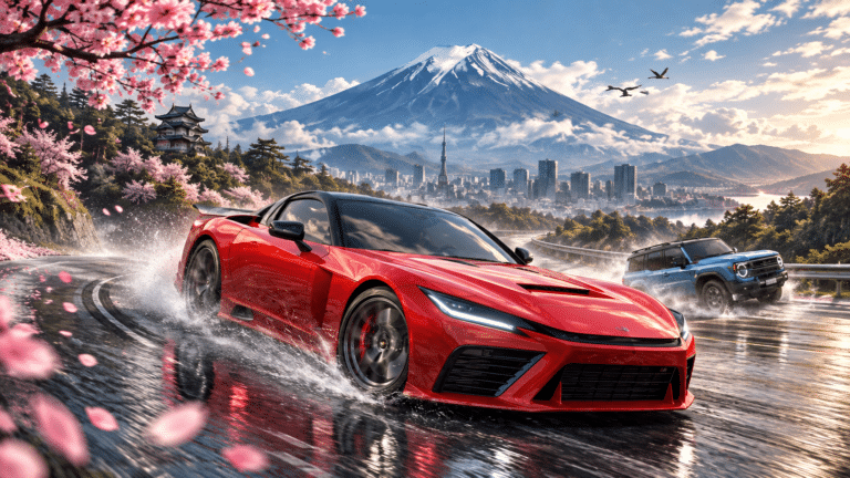 Red sports car racing through Japan beneath Mount Fuji in Forza Horizon 6