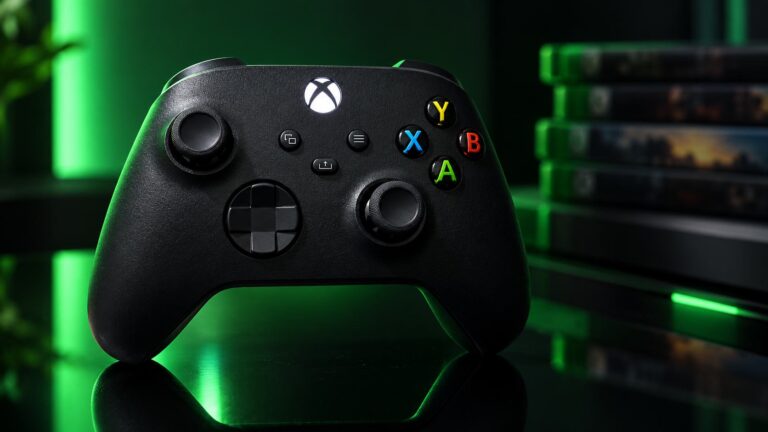 Xbox controller lit in green beside a game library