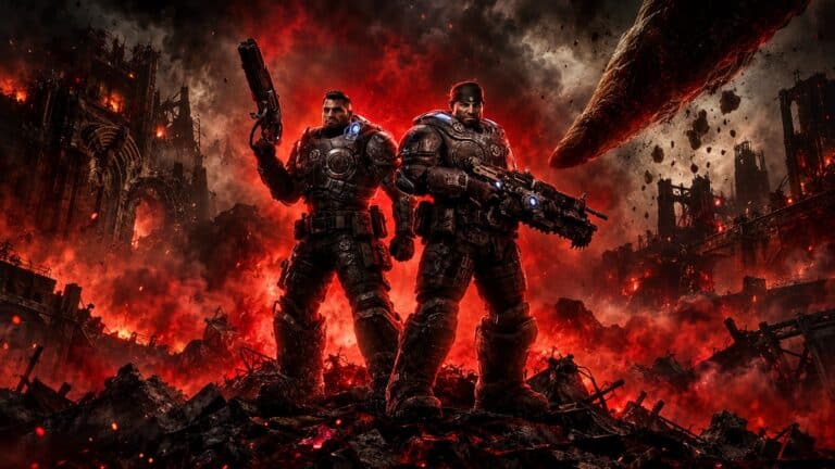 Marcus Fenix and Dom Santiago stand in a burning city in Gears of War: E-Day
