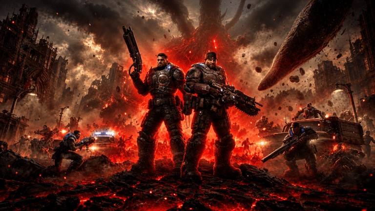 Marcus Fenix and Dom Santiago stand together on the burning battlefield of Gears of War E-Day