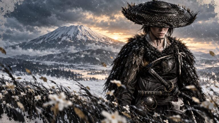 Atsu stands beneath a storm over snowy Mount Yōtei in an editorial illustration for the Ghost of Yōtei Complete Edition review