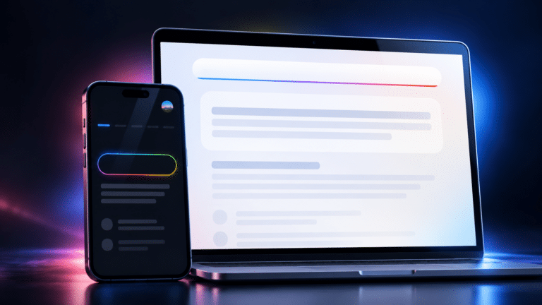Laptop and phone showing abstract AI search screens