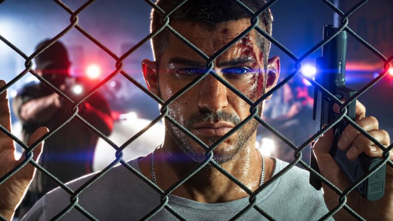 Jason Duval standing behind a chain-link fence in Grand Theft Auto VI