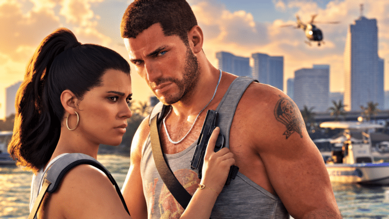 Jason and Lucia overlooking Vice City in official Grand Theft Auto VI promotional imagery