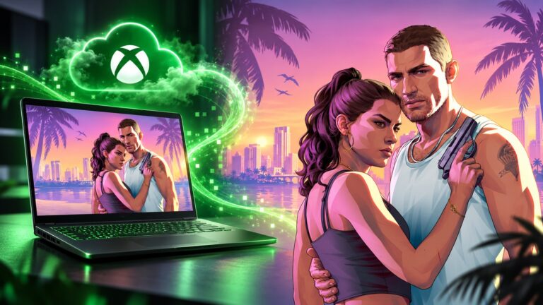 Grand Theft Auto VI artwork beside a gaming laptop connected through Xbox cloud streaming