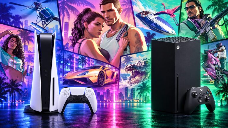 Grand Theft Auto VI artwork with a PlayStation 5 and Xbox Series X in a split blue and green comparison