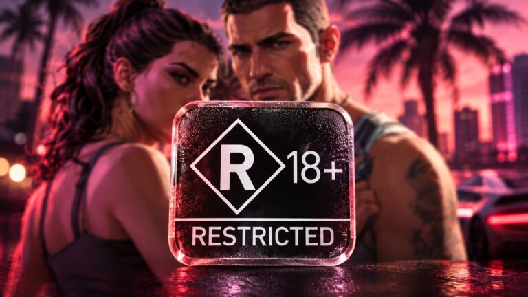 Australian R18+ Restricted rating badge in front of blurred Grand Theft Auto VI artwork of Lucia and Jason
