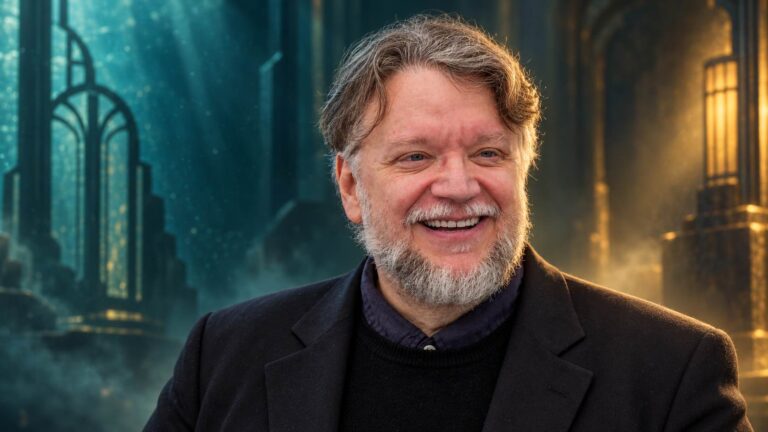 Guillermo del Toro against an atmospheric underwater Art Deco backdrop