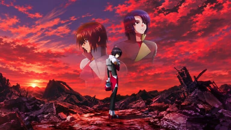 Shinn Asuka stands in a red war-torn landscape in Gundam SEED Freedom Zero artwork