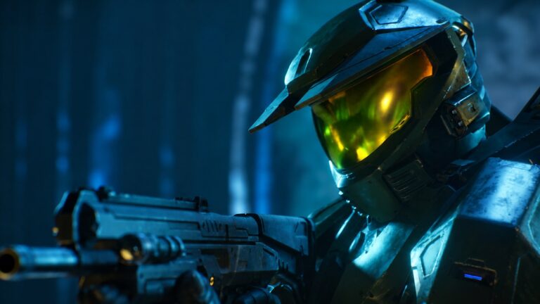 Master Chief in green armour in a blue science fiction setting