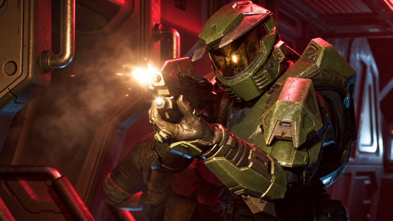 Master Chief firing a weapon in Halo Campaign Evolved
