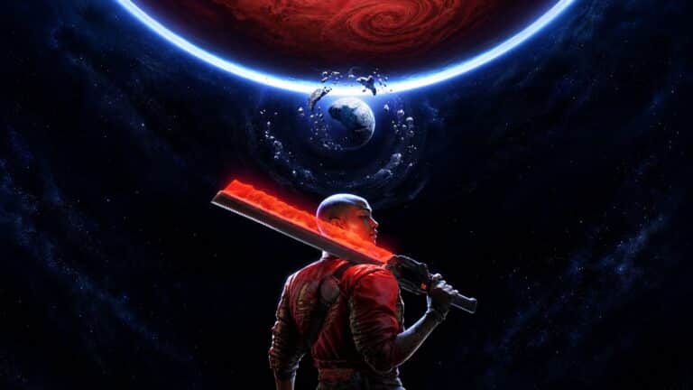 Jordan A. Mun holds a glowing red weapon beneath a giant planet in Intergalactic The Heretic Prophet