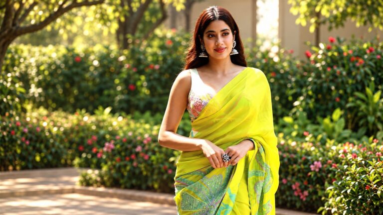 Janhvi Kapoor in a yellow sari at a film promotion