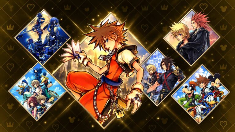 Sora surrounded by characters from the Kingdom Hearts collection in a gold fantasy montage