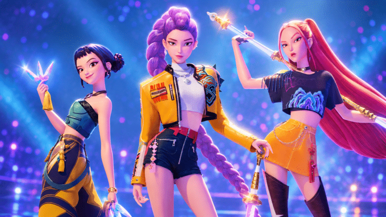 Rumi, Mira and Zoey from KPop Demon Hunters poised together in a cinematic neon city scene