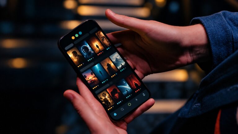 Film lover browsing a text-free movie diary interface on a phone