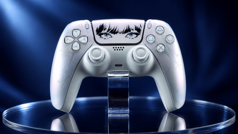 Pearlescent white LISA limited-edition game controller with illustrated blue eyes