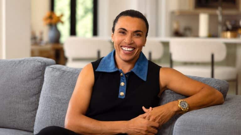 Brazilian football great Marta smiles during an interview for her Netflix documentary