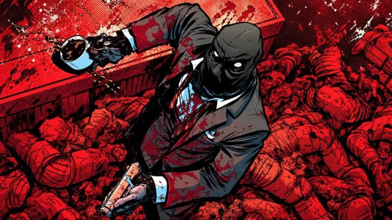 Masked Marvel Zodiac figure in a red comic book spy thriller scene