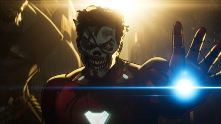 Zombie Iron Man reaches forward with a glowing repulsor in an animated Marvel scene