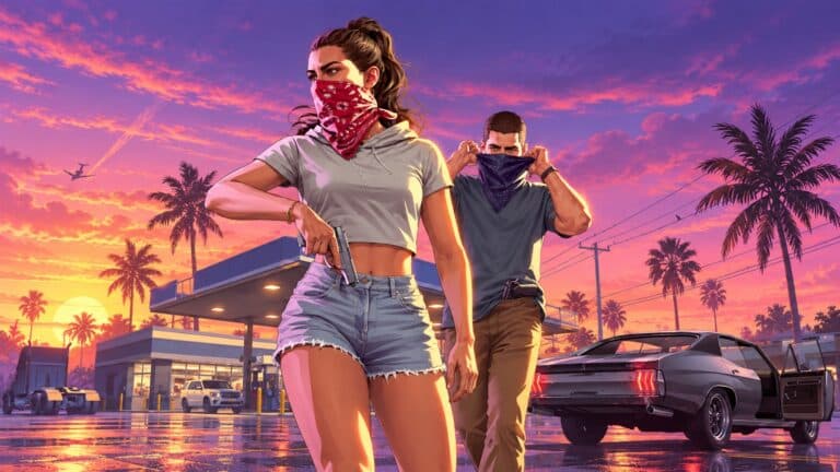 GTA VI protagonists Lucia and Jason against a vivid Vice City sunset