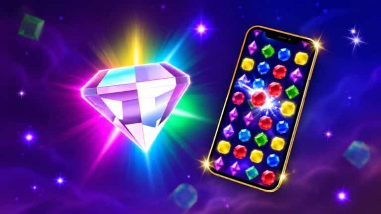 Microsoft Jewel glowing gem beside a phone showing colourful match-three pieces