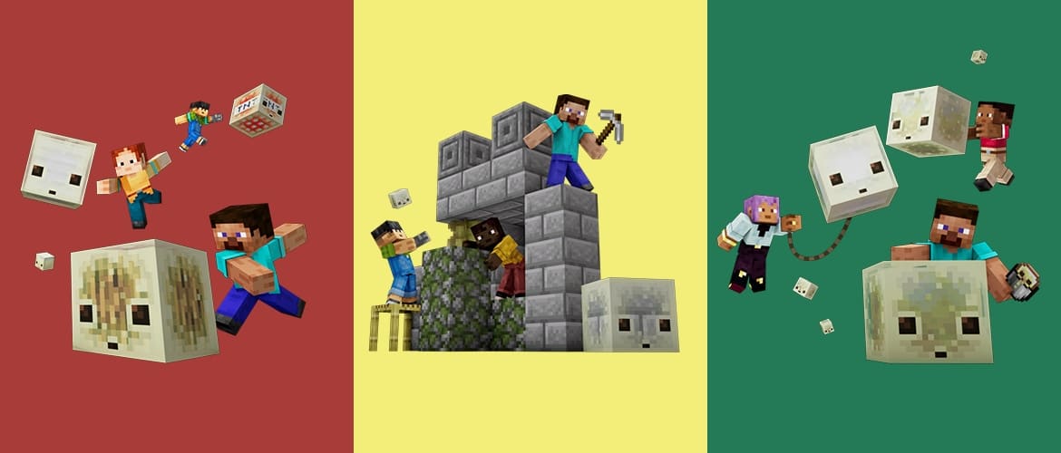 Minecraft characters exploring three colourful block-built biomes