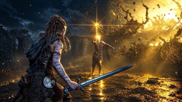 Senua holding a sword before a glowing portal
