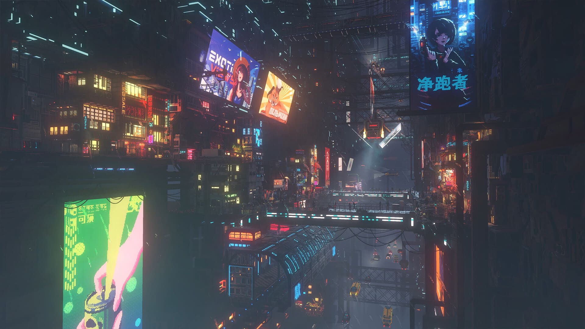 The neon skyline of Nivalis at night