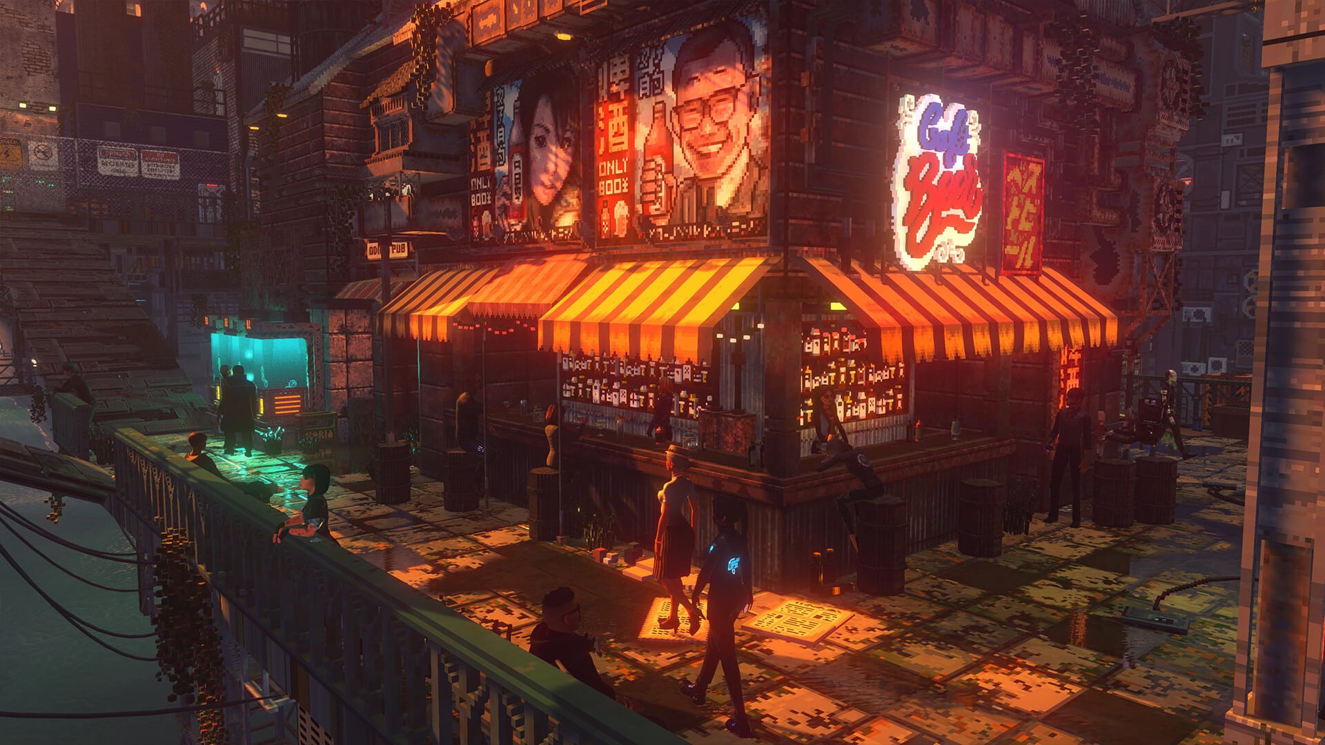 Ramen Noir restaurant glowing beneath the towers of Nivalis