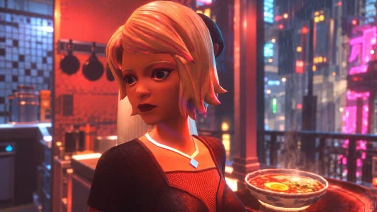 A blonde Nivalis Nights restaurant worker holding ramen against the neon-lit cyberpunk city