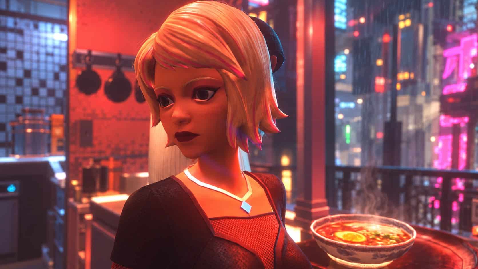 A blonde Nivalis Nights restaurant worker holding ramen against the neon-lit cyberpunk city