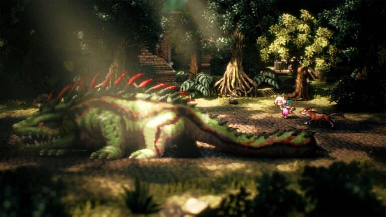 A hunter and companion facing a giant creature in Octopath Traveler II