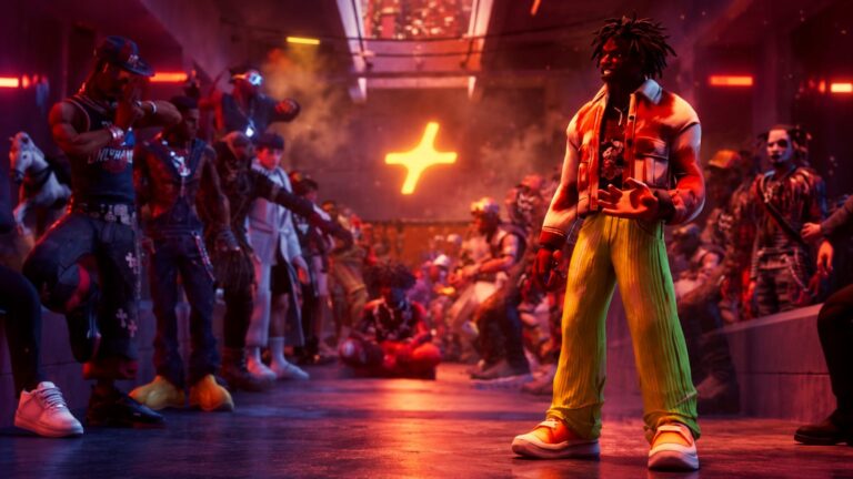 A stylised OnlyHands fighter in an orange jacket faces a neon underground arena