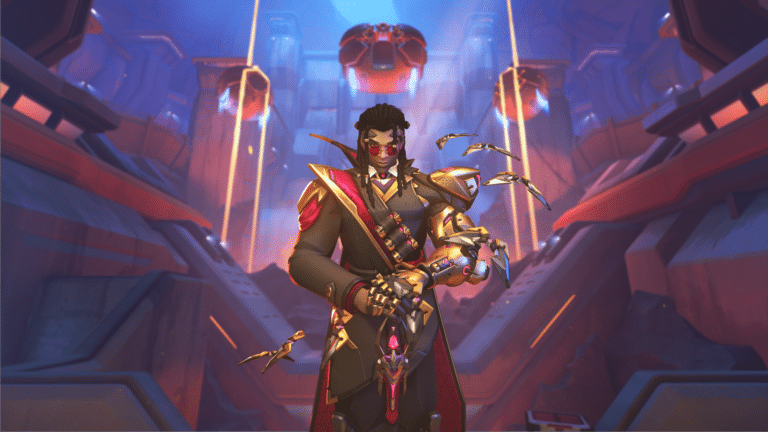 Doctrine, the new Overwatch Support hero, surrounded by bat drones