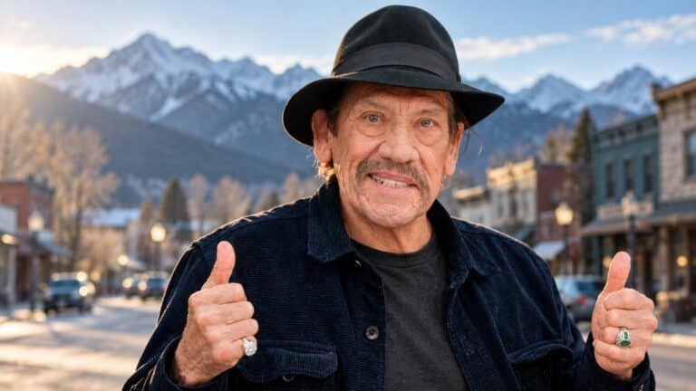 Danny Trejo in an editorial composite with a Montana mountain town