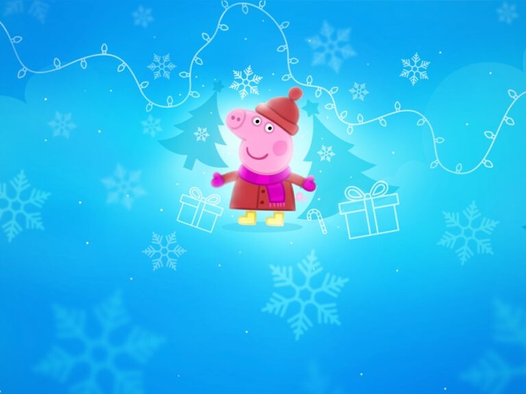 Peppa Pig in a red winter coat and hat standing in a snowy festive scene