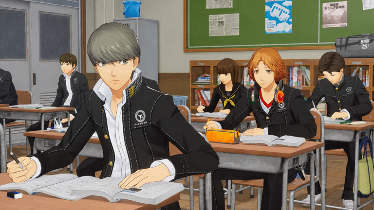 The protagonist and Yosuke sit in a classroom in Persona 4 Revival