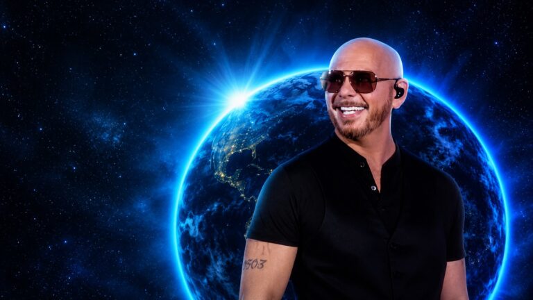 Pitbull in a black suit against a blue globe backdrop for the PITCOIN album