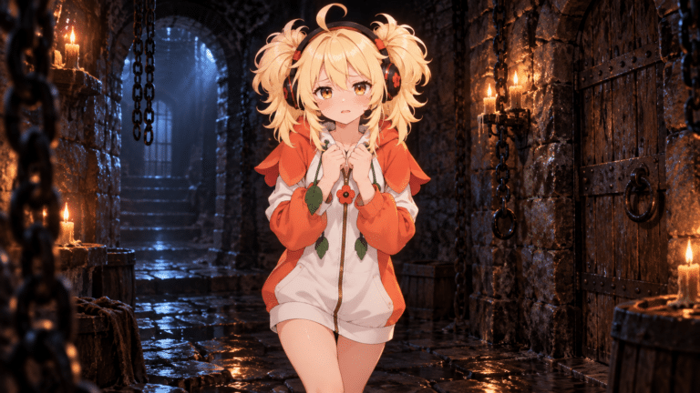 POPTOPIC AI mascot Poppy standing frightened in a dark dungeon with chains on the walls