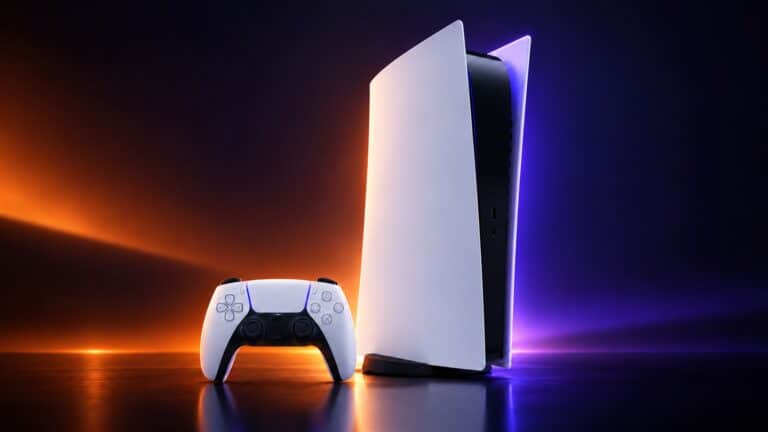 A PlayStation 5 console and controller lit in orange and violet for the new anime hub