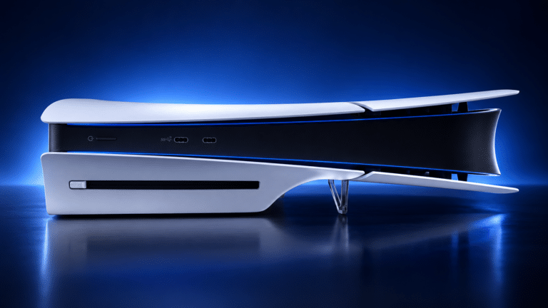 PlayStation 5 console lit against a dark blue studio backdrop